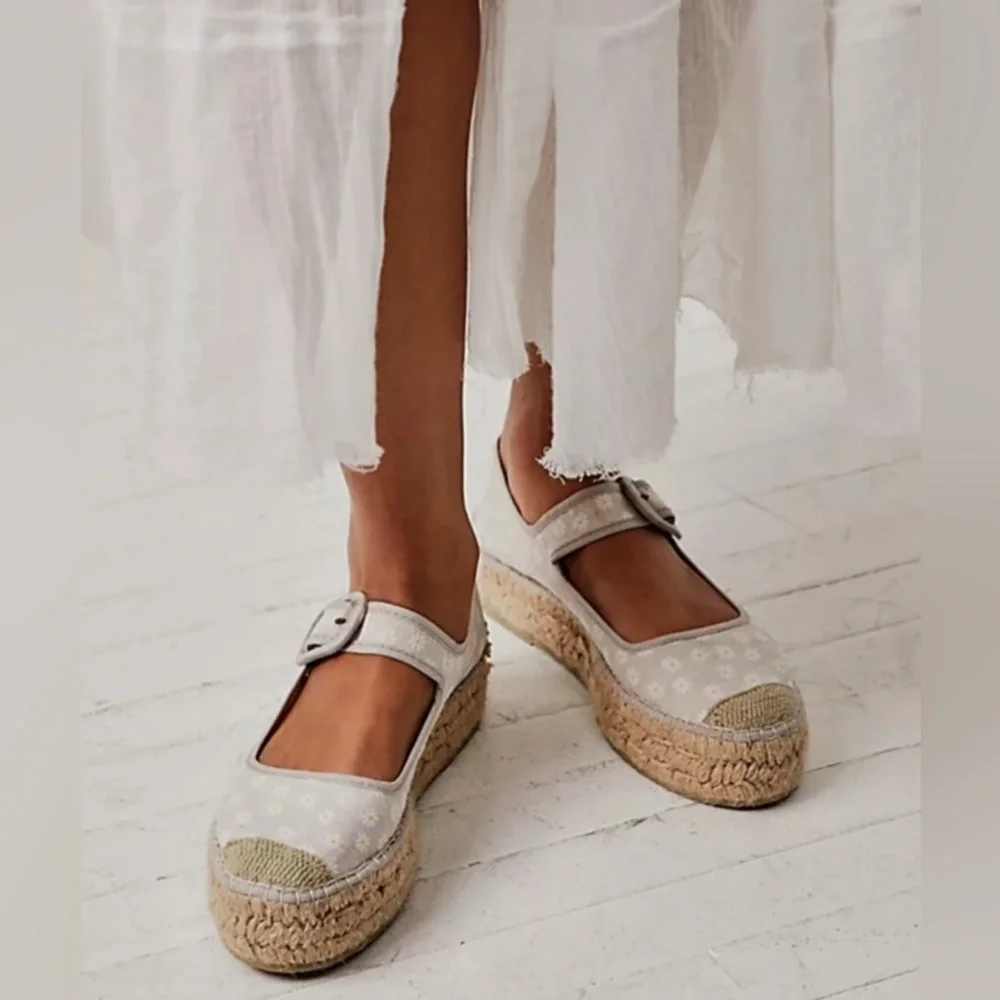 Free People Cream Espadrille Mary Janes with White Floral Embroidery